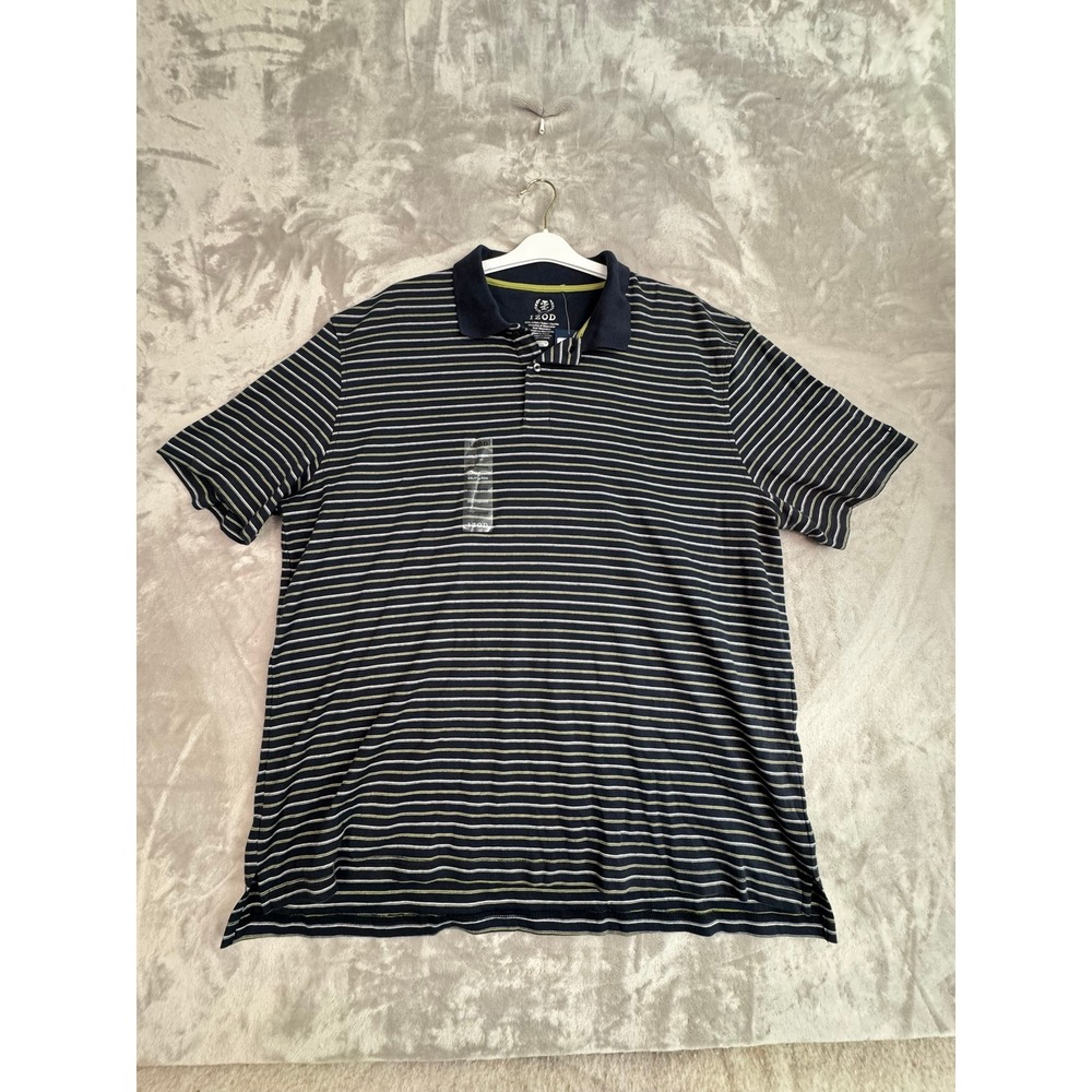 IZOD Mens XXL Navy White Green Stripe Short Sleeve Polo Shirt Cotton Casual